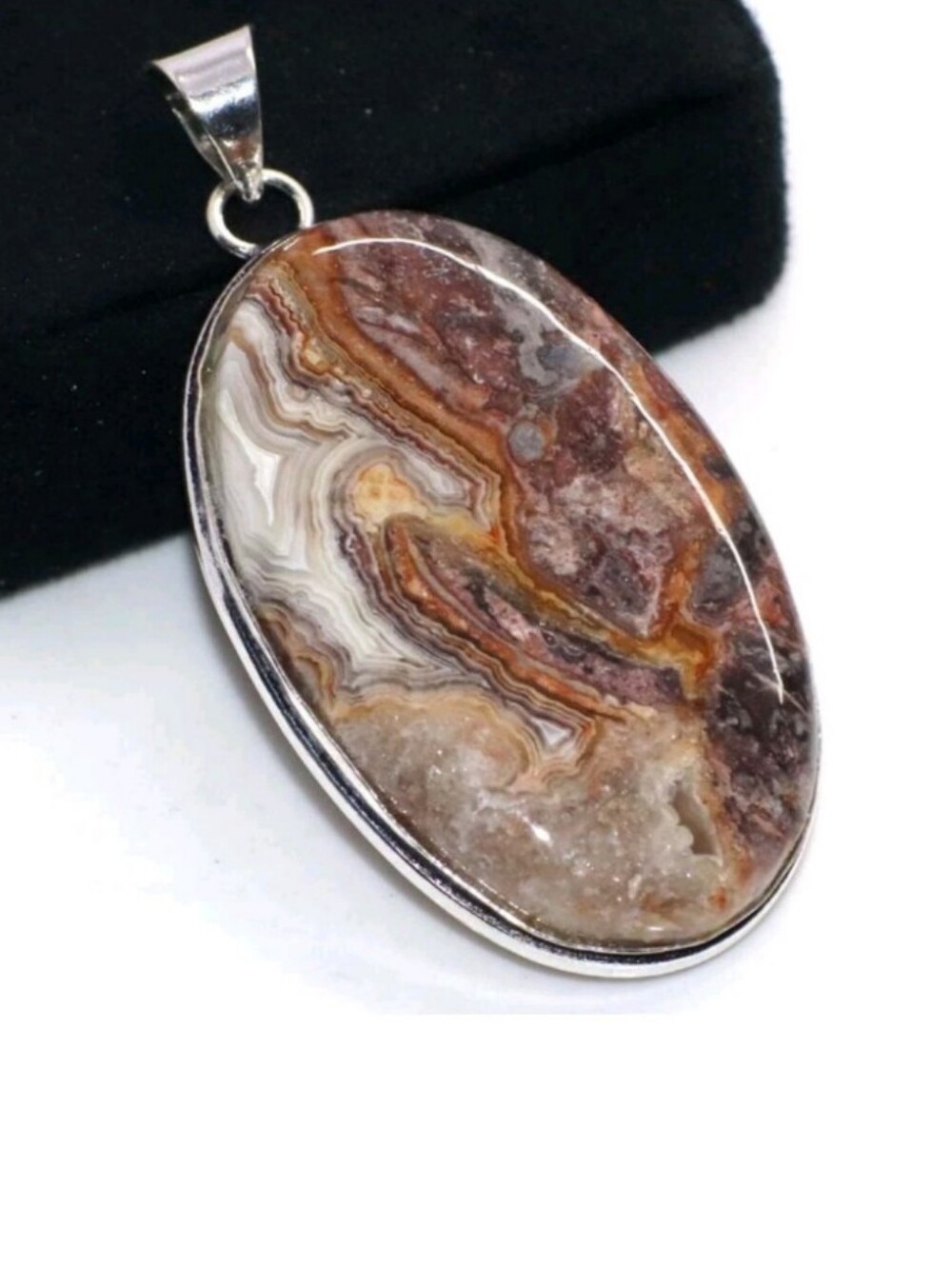 Mexican Crazy Lace Agate Gemstone Jewelry 925 Sterling Silver Pendant Necklace